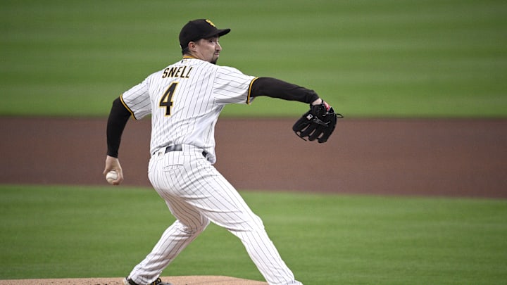 Sep 19, 2023; San Diego, California, USA; San Diego Padres starting pitcher Blake Snell (4) throws a