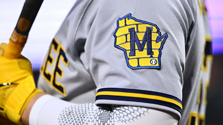 Philadelphia, Pennsylvania, USA; A view of the Milwaukee Brewers logo against the Philadelphia Phillies in the sixth inning at Citizens Bank Park. Mandatory Credit: Kyle Ross-Imagn Images