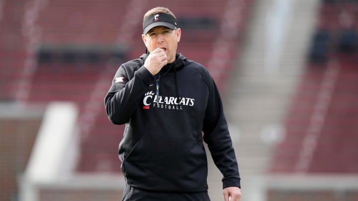 Cincinnati Bearcats head coach Scott Satterfield blows his whistle during spring football practice, Monday, March 4, 2024, at Nippert Stadium in Cincinnati.