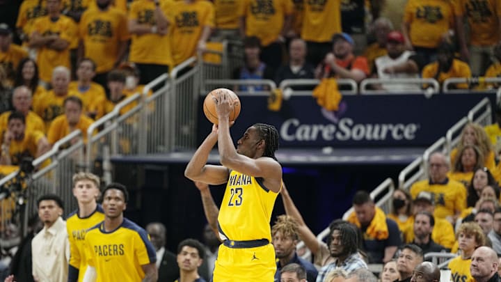 Jun 19, 2025; Indianapolis, Indiana, USA; Indiana Pacers forward Aaron Nesmith (23) shoots the ball against the Oklahoma City Thunder during the first half of game six of the 2025 NBA Finals between the Oklahoma City Thunder and the Indiana Pacers at Gainbridge Fieldhouse. Mandatory Credit: Kyle Terada-Imagn Images Jun 19, 2025; Indianapolis, Indiana, USA; Indiana Pacers forward Aaron Nesmith (23) shoots the ball against the Oklahoma City Thunder during the first half of game six of the 2025 NBA Finals between the Oklahoma City Thunder and the Indiana Pacers at Gainbridge Fieldhouse. Mandatory Credit: Kyle Terada-Imagn Images