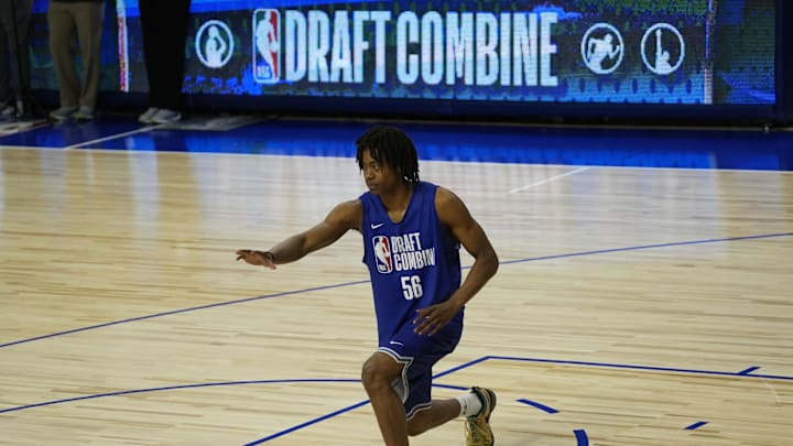 May 13, 2025; Chicago, Il, USA; Tre Johnson (56) participates in the 2025 NBA Draft Combine at Wintrust Arena. Mandatory Credit: David Banks-Imagn Images