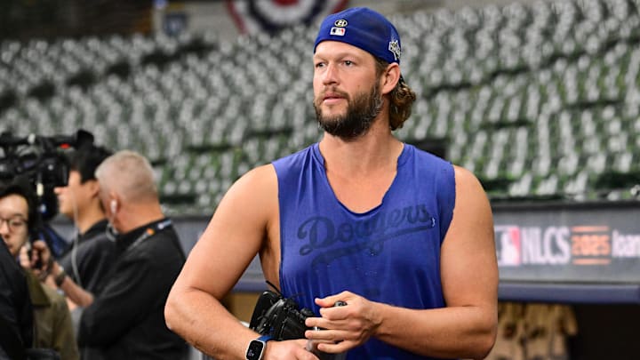 Los Angeles Dodgers pitcher Clayton Kershaw (22) looks on during batting practice prior to game two of the NLCS round against the Milwaukee Brewers for the 2025 MLB playoffs at American Family Field. Los Angeles Dodgers pitcher Clayton Kershaw (22) looks on during batting practice prior to game two of the NLCS round against the Milwaukee Brewers for the 2025 MLB playoffs at American Family Field.