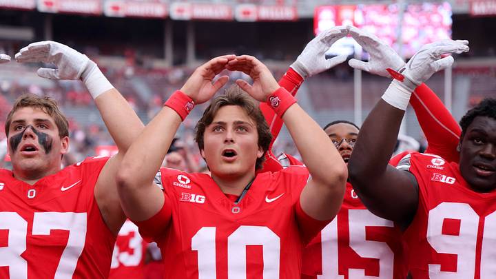 Sep 19, 2026; Columbus, Ohio, USA; Ohio State Buckeyes quarterback Julian Sayin (10) celebrates with fans after the game against the Kent State Golden Flashes at Ohio Stadium. Mandatory Credit: Joseph Maiorana-Imagn Images Sep 19, 2026; Columbus, Ohio, USA; Ohio State Buckeyes quarterback Julian Sayin (10) celebrates with fans after the game against the Kent State Golden Flashes at Ohio Stadium. Mandatory Credit: Joseph Maiorana-Imagn Images