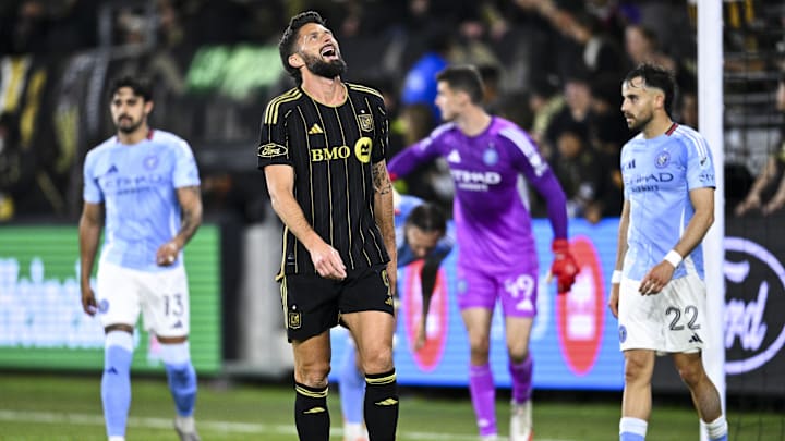 Mar 1, 2025; Los Angeles, California, USA; Los Angeles FC forward Olivier Giroud (9) reacts during the second half against New York City FC at BMO Stadium. Mandatory Credit: Kelvin Kuo-Imagn Images