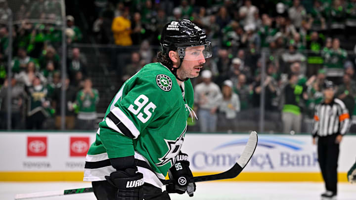 Oct 14, 2025; Dallas, Texas, USA; Dallas Stars center Matt Duchene (95) skates off the ice after scoring a goal against the Minnesota Wild during the second period at the American Airlines Center. Mandatory Credit: Jerome Miron-Imagn Images