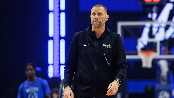 Oct 2, 2026; Lexington, KY, USA; Kentucky Wildcats head coach Mark Pope watches his players warm up during Big Blue Madness at Rupp Arena at Central Bank Center. Mandatory Credit: Jordan Prather-Imagn Images Oct 2, 2026; Lexington, KY, USA; Kentucky Wildcats head coach Mark Pope watches his players warm up during Big Blue Madness at Rupp Arena at Central Bank Center. Mandatory Credit: Jordan Prather-Imagn Images
