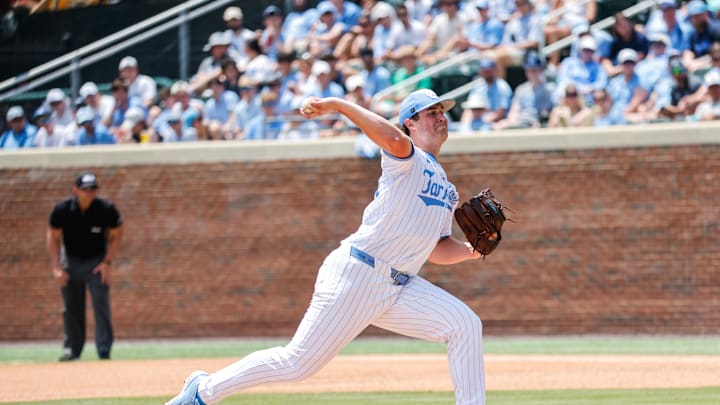 Jun 8, 2025; Chapel Hill, NC, USA; North Carolina pitcher Jake Knapp (42) pitches the ball during the seventh inning of the Super Regionals game against Arizona in Chapel Hill, North Carolina. Jun 8, 2025; Chapel Hill, NC, USA; North Carolina pitcher Jake Knapp (42) pitches the ball during the seventh inning of the Super Regionals game against Arizona in Chapel Hill, North Carolina.