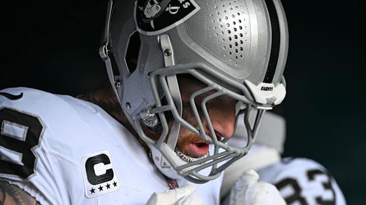Dec 14, 2025; Philadelphia, Pennsylvania, USA; Las Vegas Raiders defensive end Maxx Crosby (98) in the tunnel against the Philadelphia Eagles at Lincoln Financial Field. Mandatory Credit: Eric Hartline-Imagn Images