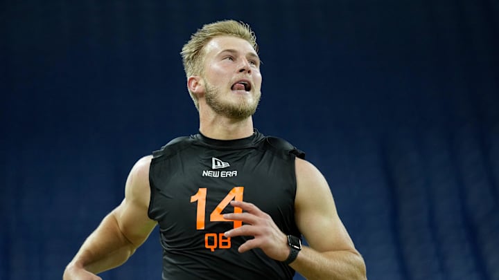 Mar 1, 2025; Indianapolis, IN, USA; Louisville quarterback Tyler Shough (QB14) during the 2025 NFL Combine at Lucas Oil Stadium. Mandatory Credit: Kirby Lee-Imagn Images