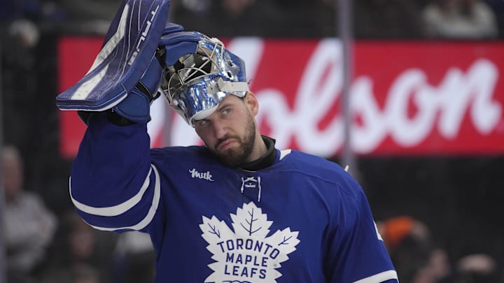 Mar 2, 2026; Toronto, Ontario, CAN; Toronto Maple Leafs goaltender Anthony Stolarz (41) adjusts his helmet during a break in the action against the Philadelphia Flyers at Scotiabank Arena. Mandatory Credit: John E. Sokolowski-Imagn Images