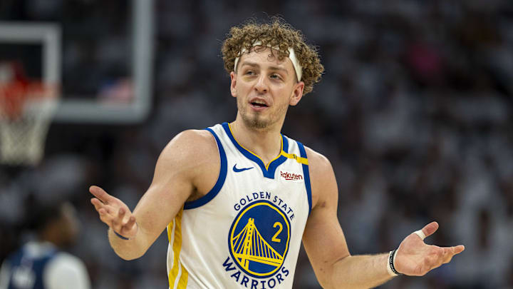 May 14, 2025; Minneapolis, Minnesota, USA; Golden State Warriors guard Brandin Podziemski (2) reacts to a foul called against the Minnesota Timberwolves in the second half during game five of the second round for the 2025 NBA Playoffs at Target Center. Mandatory Credit: Jesse Johnson-Imagn Images May 14, 2025; Minneapolis, Minnesota, USA; Golden State Warriors guard Brandin Podziemski (2) reacts to a foul called against the Minnesota Timberwolves in the second half during game five of the second round for the 2025 NBA Playoffs at Target Center. Mandatory Credit: Jesse Johnson-Imagn Images