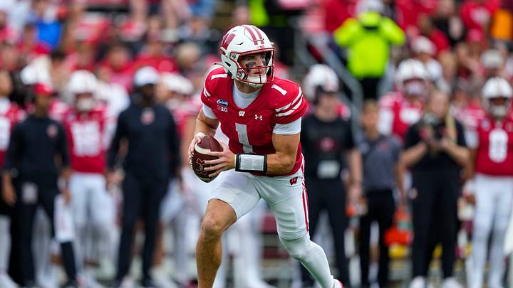 Sep 19, 2026; Madison, Wisconsin, USA;  Wisconsin Badgers quarterback Colton Joseph (1) during the game against the Eastern Michigan Eagles at Camp Randall Stadium. Mandatory Credit: Jeff Hanisch-Imagn Images