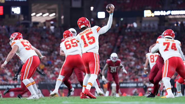 Aug 19, 2023; Glendale, Arizona, USA; Kansas City Chiefs quarterback Patrick Mahomes (15) throws against the Arizona Cardinals at State Farm Stadium. Mandatory Credit: Joe Camporeale-Imagn Images Aug 19, 2023; Glendale, Arizona, USA; Kansas City Chiefs quarterback Patrick Mahomes (15) throws against the Arizona Cardinals at State Farm Stadium. Mandatory Credit: Joe Camporeale-Imagn Images