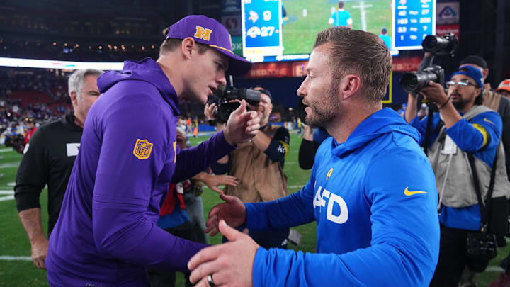 Jan 13, 2025; Glendale, AZ, USA; Minnesota Vikings head coach Kevin O'Connell and Los Angeles Rams head coach Sean McVay shake hands after the NFC wild card game at State Farm Stadium. Mandatory Credit: Joe Camporeale-Imagn Images Jan 13, 2025; Glendale, AZ, USA; Minnesota Vikings head coach Kevin O'Connell and Los Angeles Rams head coach Sean McVay shake hands after the NFC wild card game at State Farm Stadium. Mandatory Credit: Joe Camporeale-Imagn Images