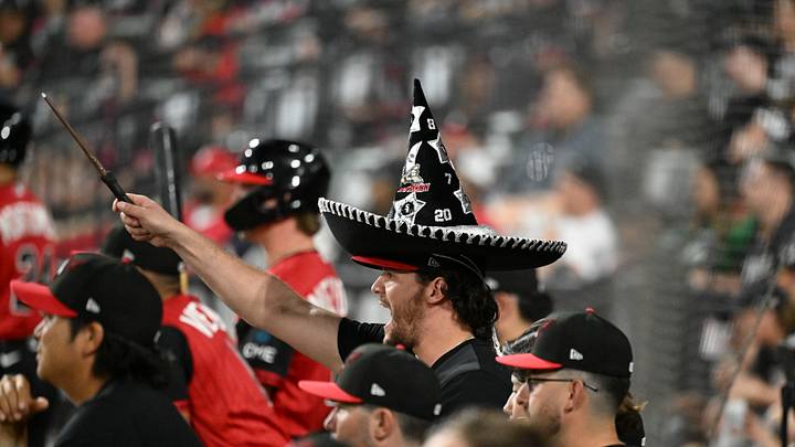 Jul 10, 2026; Chicago, Illinois, USA;  Chicago White Sox’s Mike Vasil wears a sombrero and cheers for a teammate during the eighth inning against then Athletics at Rate Field. Mandatory Credit: Matt Marton-Imagn Images