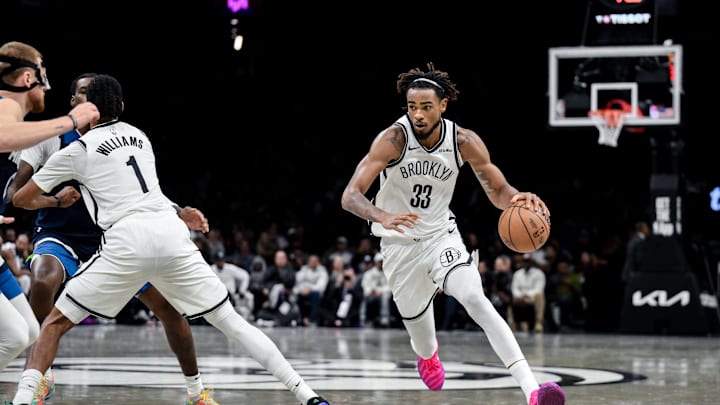 Nov 3, 2025; Brooklyn, New York, USA; Brooklyn Nets center Nic Claxton (33) drives to the basket against the Minnesota Timberwolves during the second half at Barclays Center. Mandatory Credit: John Jones-Imagn Images