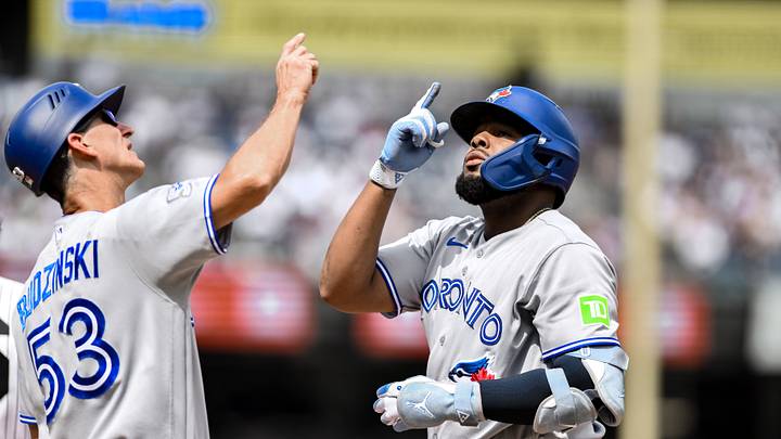 Toronto Blue Jays first baseman Vladimir Guerrero reacts after hitting a single at Yankee Stadium. Mandatory Credit: John Jones-Imagn Images Toronto Blue Jays first baseman Vladimir Guerrero reacts after hitting a single at Yankee Stadium. Mandatory Credit: John Jones-Imagn Images