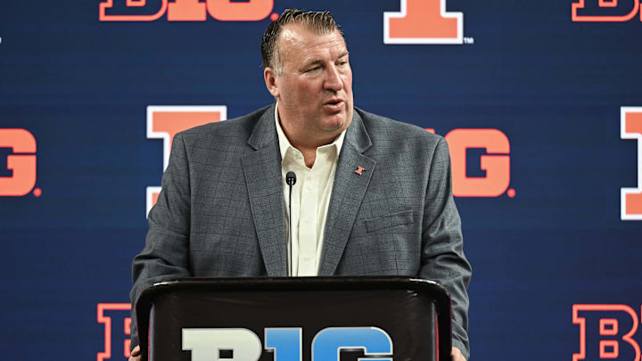 Jul 23, 2024; Indianapolis, IN, USA; Illinois Fighting Illini head coach Bret Bielema speaks to the media during the Big 10 football media day at Lucas Oil Stadium. Mandatory Credit: Robert Goddin-Imagn Images Jul 23, 2024; Indianapolis, IN, USA; Illinois Fighting Illini head coach Bret Bielema speaks to the media during the Big 10 football media day at Lucas Oil Stadium. Mandatory Credit: Robert Goddin-Imagn Images