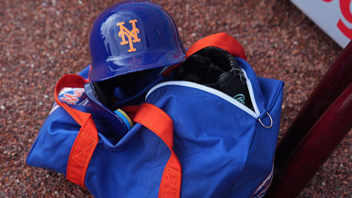 Feb 19, 2024; Port St. Lucie, FL, USA; Detail photo of Mets helmet during workouts at spring training. Mandatory Credit: Jim Rassol-Imagn Images