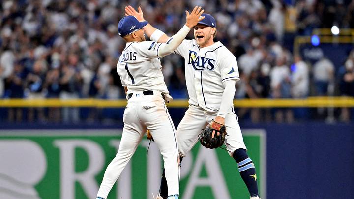 Oct 3, 2026; St. Petersburg, Florida, USA; Tampa Bay Rays second baseman Richie Palacios (1) and shortstop Taylor Walls (6) celebrate after defeating the New York Yankees in game one of the ALDS for the 2026 MLB Playoffs at Tropicana Field. Mandatory Credit: Pablo Robles-Imagn Images TPX IMAGES OF THE DAY Oct 3, 2026; St. Petersburg, Florida, USA; Tampa Bay Rays second baseman Richie Palacios (1) and shortstop Taylor Walls (6) celebrate after defeating the New York Yankees in game one of the ALDS for the 2026 MLB Playoffs at Tropicana Field. Mandatory Credit: Pablo Robles-Imagn Images TPX IMAGES OF THE DAY