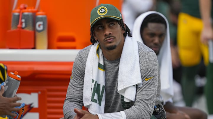 Sep 15, 2024; Green Bay, Wisconsin, USA;  Green Bay Packers quarterback Jordan Love looks on from the sidelines during the fourth quarter against the Indianapolis Colts at Lambeau Field. Mandatory Credit: Jeff Hanisch-Imagn Images