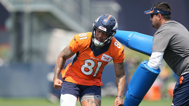 Jun 13, 2022; Englewood, CO, USA; Denver Broncos wide receiver Tim Patrick (81) during mini camp