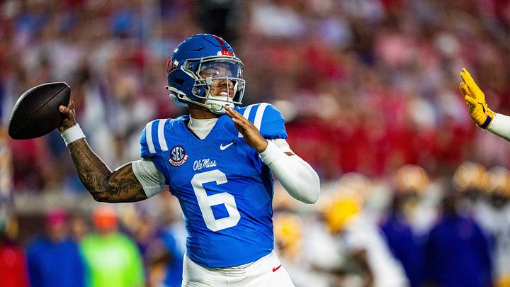 Ole Miss quarterback Trinidad Chambliss looks to pass the ball during a college football game between Ole Miss and LSU at Vaught Hemingway Stadium in Oxford, Miss., on Saturday, Sept. 19, 2026. Ole Miss quarterback Trinidad Chambliss looks to pass the ball during a college football game between Ole Miss and LSU at Vaught Hemingway Stadium in Oxford, Miss., on Saturday, Sept. 19, 2026.