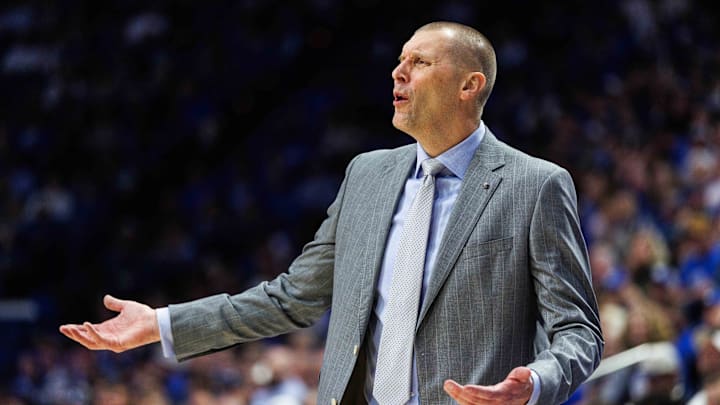 Jan 7, 2026; Lexington, Kentucky, USA; Kentucky Wildcats head coach Mark Pope reacts to the action on the court during the first half against the Missouri Tigers at Rupp Arena at Central Bank Center. Mandatory Credit: Jordan Prather-Imagn Images