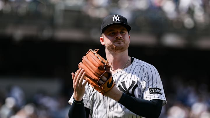 Jun 21, 2025; Bronx, New York, USA; New York Yankees pitcher Clarke Schmidt (36) reacts after leaving the game during the seventh inning against the Baltimore Orioles at Yankee Stadium. Mandatory Credit: John Jones-Imagn Images