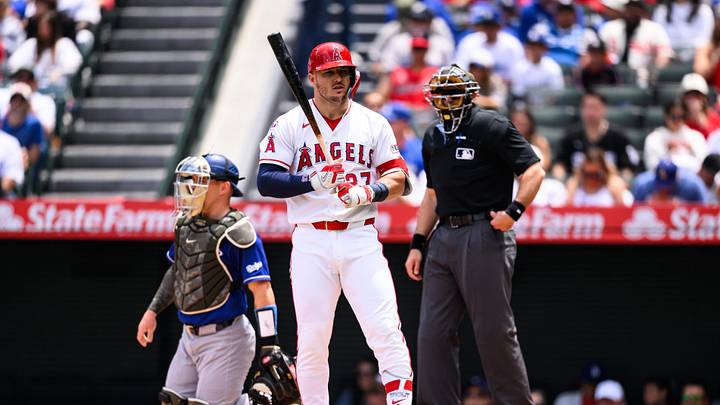 May 17, 2026; Anaheim, California, USA; Los Angeles Angels center fielder Mike Trout (27) looks on during the first inning against the Los Angeles Dodgers at Angel Stadium. Mandatory Credit: William Liang-Imagn Images May 17, 2026; Anaheim, California, USA; Los Angeles Angels center fielder Mike Trout (27) looks on during the first inning against the Los Angeles Dodgers at Angel Stadium. Mandatory Credit: William Liang-Imagn Images