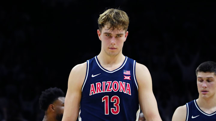 Mar 7, 2026; Boulder, Colorado, USA; Arizona Wildcats center Motiejus Krivas (13) during the second half against the Colorado Buffaloes at the CU Events Center. Mandatory Credit: Ron Chenoy-Imagn Images