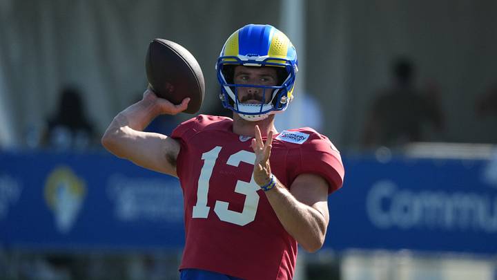 Jul 31, 2026; Westchester California USA; Los Angeles Rams quarterback Stetson Bennett IV (13) throws the ball at training camp at Loyola Marymount University. Mandatory Credit: Kirby Lee-Imagn Images Jul 31, 2026; Westchester California USA; Los Angeles Rams quarterback Stetson Bennett IV (13) throws the ball at training camp at Loyola Marymount University. Mandatory Credit: Kirby Lee-Imagn Images