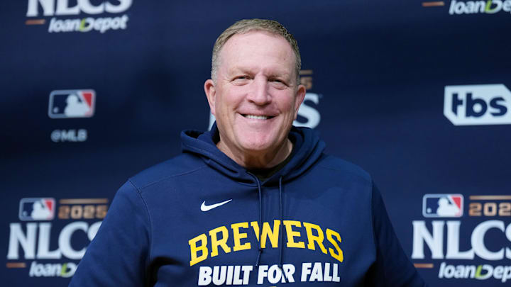 Oct 17, 2025; Los Angeles, California, USA; Milwaukee Brewers manager Pat Murphy (49) speaks in a press conference before game four against the Los Angeles Dodgers in the NLCS round for the 2025 MLB playoffs at Dodger Stadium. Mandatory Credit: Kirby Lee-Imagn Images