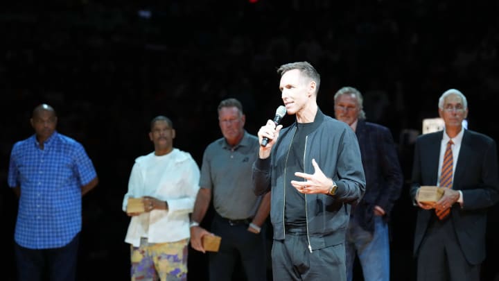 Oct 28, 2023; Phoenix, Arizona, USA; Phoenix Suns legend Steve Nash greets fans during a Ring of Honor half time ceremony of the game against the Utah Jazz at Footprint Center. Mandatory Credit: Joe Camporeale-USA TODAY Sports