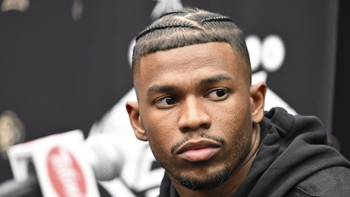 Jul 10, 2024; Las Vegas, NV, USA; Colorado Buffaloes safety Shilo Sanders speaks to the media during the Big 12 Media Days at Allegiant Stadium. Mandatory Credit: Candice Ward-Imagn Images Jul 10, 2024; Las Vegas, NV, USA; Colorado Buffaloes safety Shilo Sanders speaks to the media during the Big 12 Media Days at Allegiant Stadium. Mandatory Credit: Candice Ward-Imagn Images