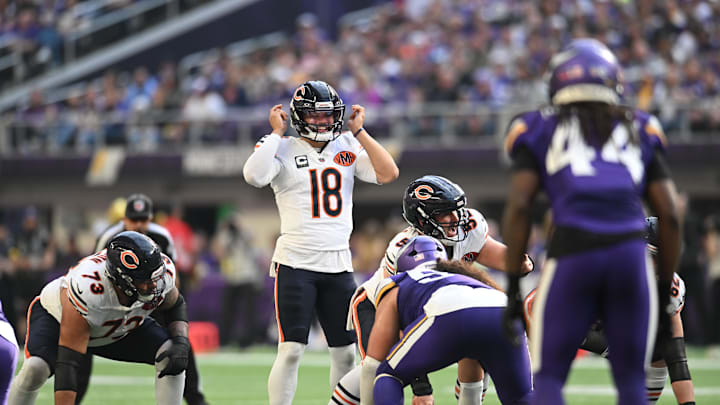 Nov 16, 2025; Minneapolis, Minnesota, USA; Chicago Bears quarterback Caleb Williams (18) calls a play during the second quarter against the Minnesota Vikings at U.S. Bank Stadium. Mandatory Credit: Jeffrey Becker-Imagn Images Nov 16, 2025; Minneapolis, Minnesota, USA; Chicago Bears quarterback Caleb Williams (18) calls a play during the second quarter against the Minnesota Vikings at U.S. Bank Stadium. Mandatory Credit: Jeffrey Becker-Imagn Images