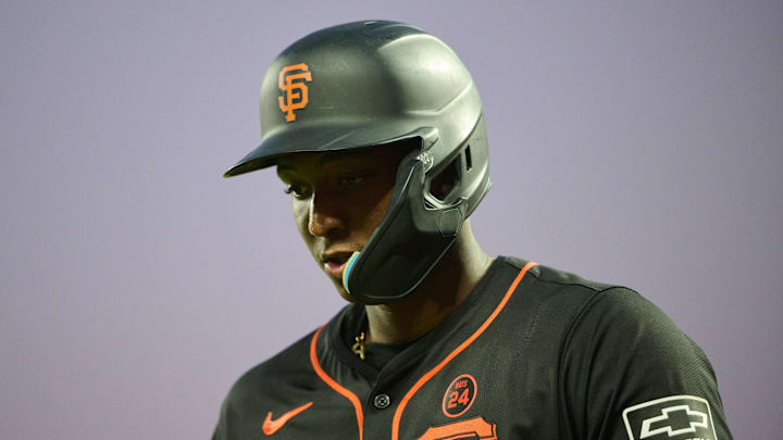 Sep 14, 2024; San Francisco, California, USA; San Francisco Giants infielder Marco Luciano (37) reacts after striking out against the San Diego Padres during the fifth inning at Oracle Park. 