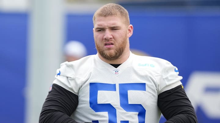 May 28, 2025; Woodland Hills, CA, USA; Los Angeles Rams defensive end Braden Fiske (55) walks out to the practice field during organized team activities at Rams Practice Facility. Mandatory Credit: Kirby Lee-Imagn Images