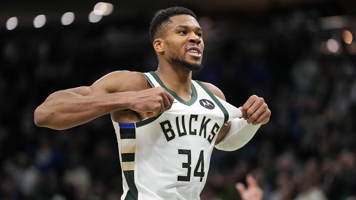 Milwaukee Bucks forward Giannis Antetokounmpo (34) celebrates after scoring during overtime against the Detroit Pistons at Fiserv Forum on November 13, 2024.