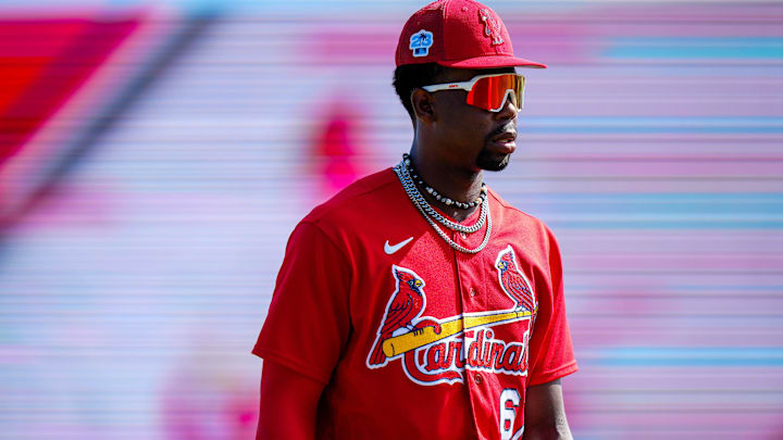 Mar 16, 2023; Jupiter, Florida, USA; St. Louis Cardinals right fielder Jordan Walker (67) warms up
