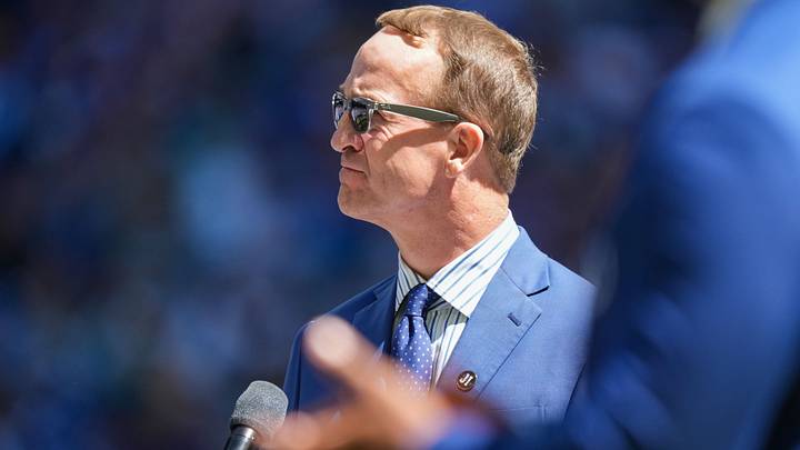 Peyton Manning prepares to give a speech during Jim Irsay's Ring of Honor induction on Sunday, Sept. 7, 2025, during the game at Lucas Oil Stadium in Indianapolis.
