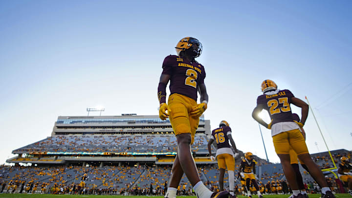 Arizona State cornerback Xavion Alford (2) warms up during a game against NAU at Mountain America Stadium in Tempe, Arizona, on Aug. 30, 2025.