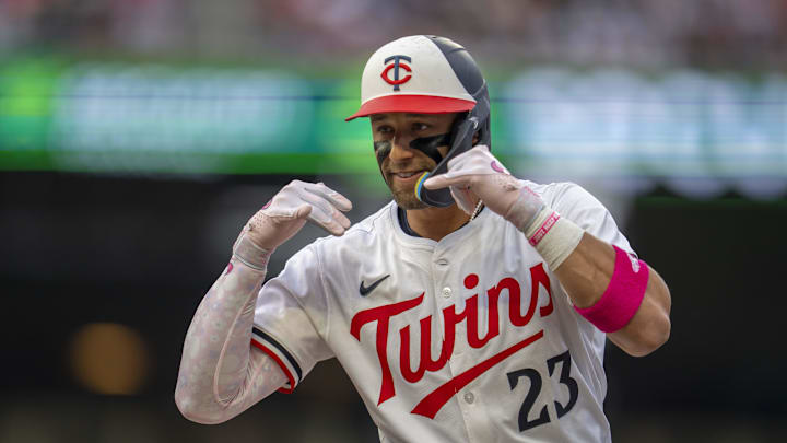 Jun 10, 2025; Minneapolis, Minnesota, USA; Minnesota Twins third baseman Royce Lewis (23) celebrates after hitting an RBI single against the Texas Rangers in the fourth inning at Target Field. Mandatory Credit: Jesse Johnson-Imagn Images Jun 10, 2025; Minneapolis, Minnesota, USA; Minnesota Twins third baseman Royce Lewis (23) celebrates after hitting an RBI single against the Texas Rangers in the fourth inning at Target Field. Mandatory Credit: Jesse Johnson-Imagn Images