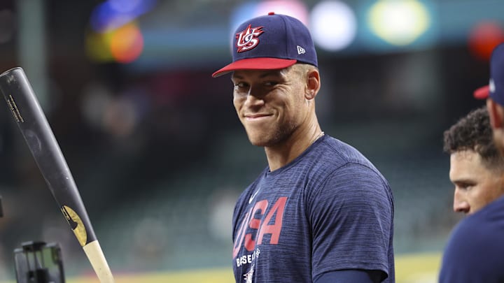 Mar 6, 2026; Houston, TX, United States; United States right fielder Aaron Judge (99) smiles during batting practice before the game against Brazil at Daikin Park. Mandatory Credit: Troy Taormina-Imagn Images