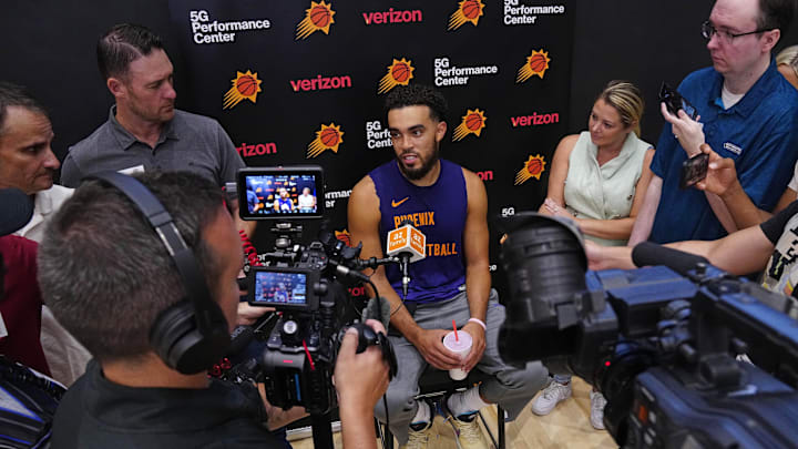 Suns guard Tyus Jones speaks to the media during practice at the Verizon 5G Performance Center in Phoenix on Oct. 1, 2024. Suns guard Tyus Jones speaks to the media during practice at the Verizon 5G Performance Center in Phoenix on Oct. 1, 2024.