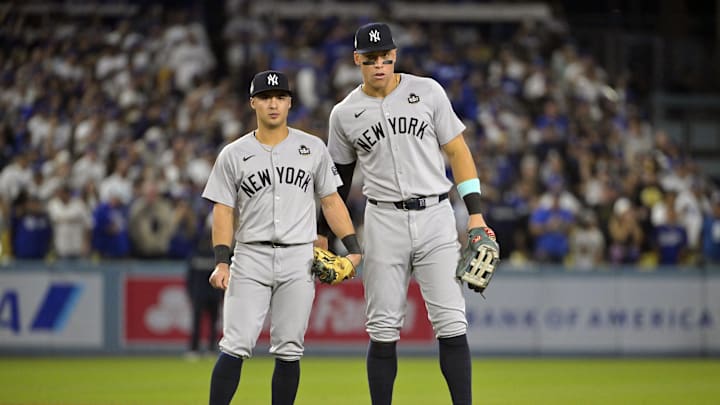 New York Yankees shortstop Anthony Volpe (11) and outfielder Aaron Judge.
