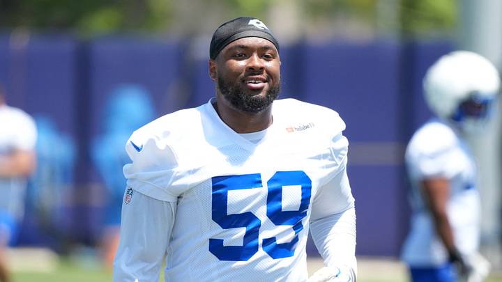 Jun 2, 2026; Woodland Hills, CA, USA; Los Angeles Rams linebacker Darryl Peterson III (59) during organized team activities at Rams Practice Facility. Mandatory Credit: Kirby Lee-Imagn Images