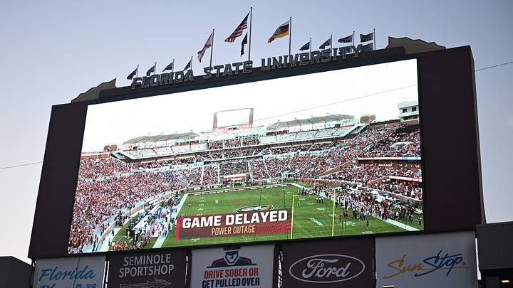 Sep 7, 2026; Tallahassee, Florida, USA; The videoboard announces the game between the Florida State Seminoles and the Southern Methodist Mustangs is delayed due to power outage at Doak S. Campbell Stadium. Mandatory Credit: Melina Myers-Imagn Images Sep 7, 2026; Tallahassee, Florida, USA; The videoboard announces the game between the Florida State Seminoles and the Southern Methodist Mustangs is delayed due to power outage at Doak S. Campbell Stadium. Mandatory Credit: Melina Myers-Imagn Images