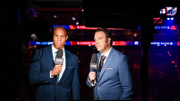 Jun 15, 2024; Edmonton, Alberta, CAN; Sportsnet host David Amber (left) and NHL Insider Elliotte Friedman (right) prior to the game between the Edmonton Oilers and the Florida Panthers in game four of the 2024 Stanley Cup Final at Rogers Place. Mandatory Credit: Sergei Belski-USA TODAY Sports Jun 15, 2024; Edmonton, Alberta, CAN; Sportsnet host David Amber (left) and NHL Insider Elliotte Friedman (right) prior to the game between the Edmonton Oilers and the Florida Panthers in game four of the 2024 Stanley Cup Final at Rogers Place. Mandatory Credit: Sergei Belski-USA TODAY Sports