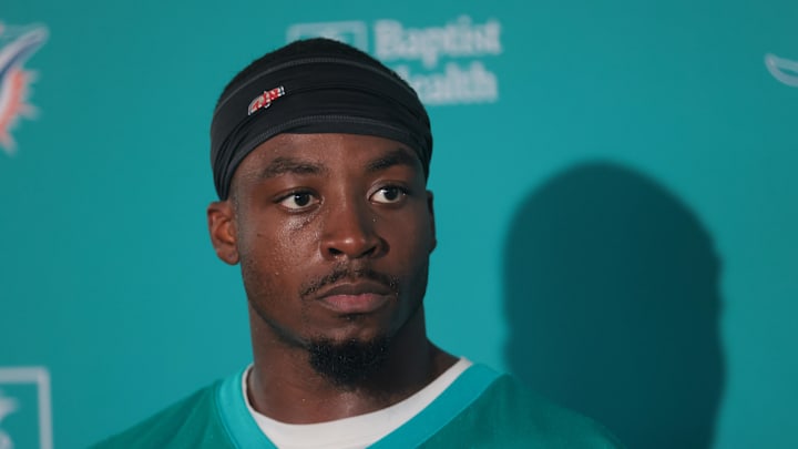 Jul 23, 2025; Miami Gardens, FL, USA; Miami Dolphins cornerback Kader Kohou (4) speaks to reporters during training camp at Baptist Health Training Complex. Mandatory Credit: Sam Navarro-Imagn Images